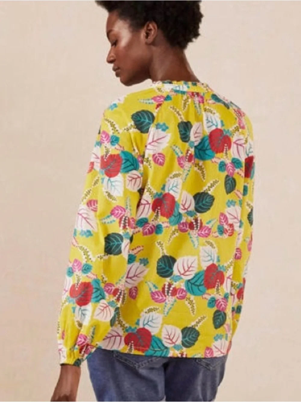 BODEN Heather Yellow Floral Leaf Ruffle V Neck Puff Sleeve Cotton Top - Size 6